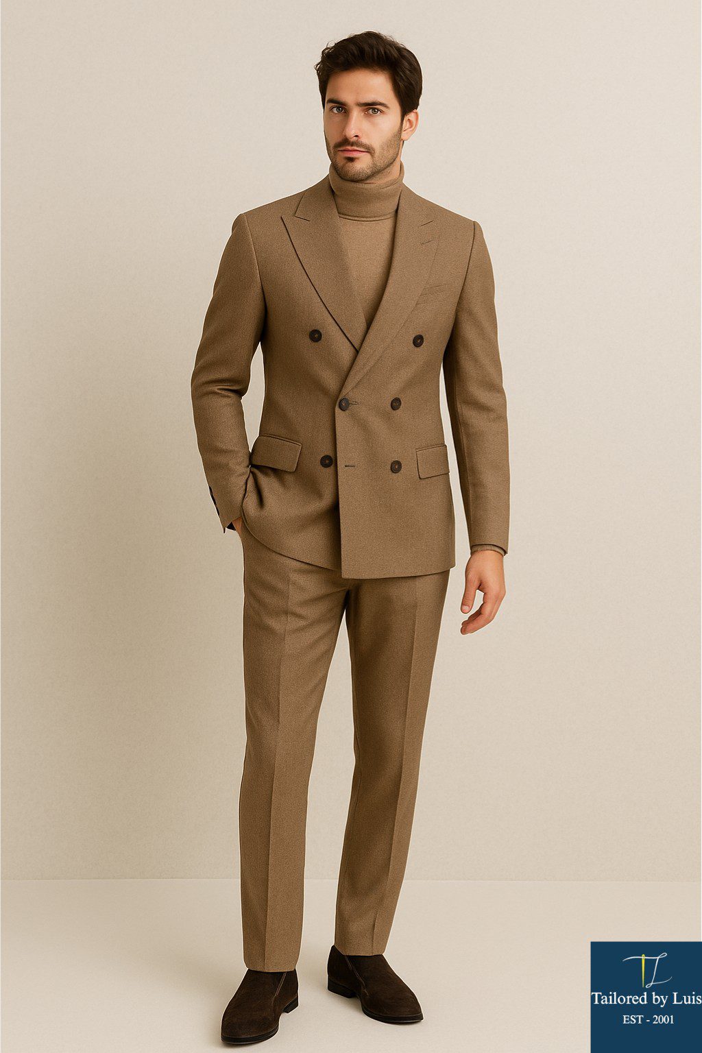 The Definitive Guide to the Light Brown Double-Breasted Suit + Turtleneck Look by TailoredByLuis Bangkok