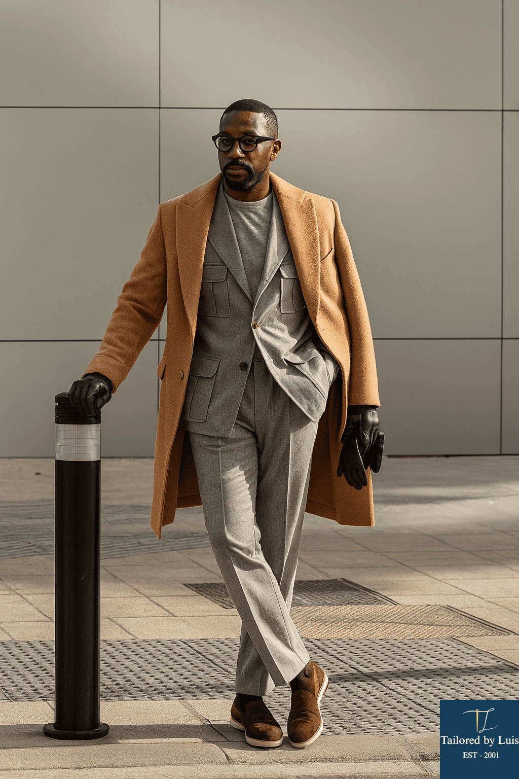 Safari suit for men in a modern light grey tailored style