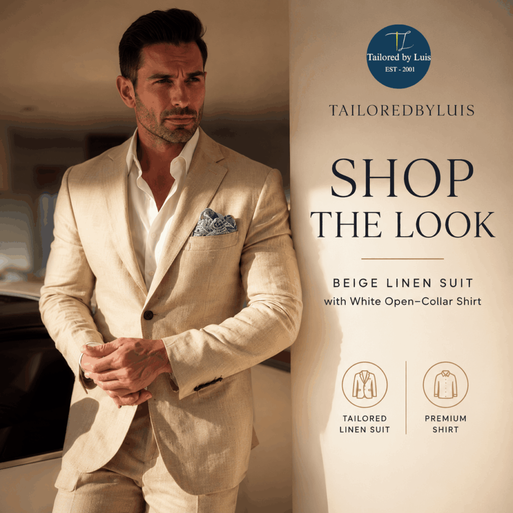 Shop the Look_ Beige Linen Suit with White Open-Collar-Shirt