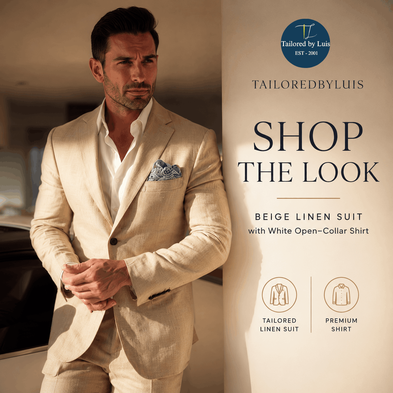 Shop the Look_ Beige Linen Suit with White Open-Collar-Shirt