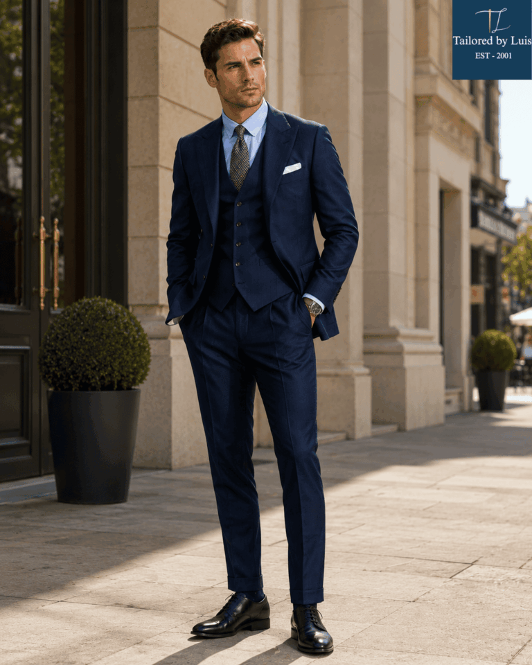 Custom Navy Three-Piece Suit for the Modern Gentleman-