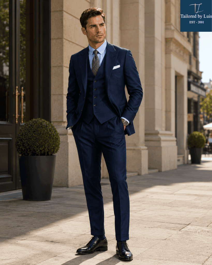 Custom Navy Three-Piece Suit for the Modern Gentleman