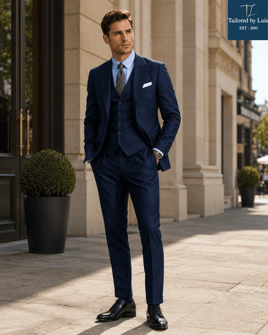 Custom Navy Three-Piece Suit for the Modern Gentleman