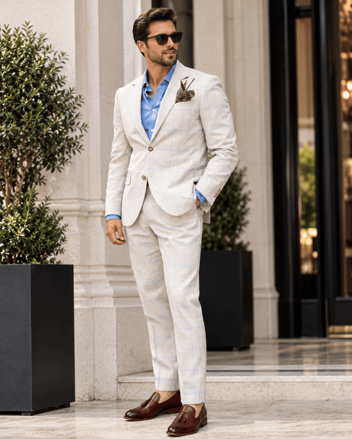 Cream Check Suit with Blue Shirt: A Refined Smart Casual Look for Modern Gentlemen